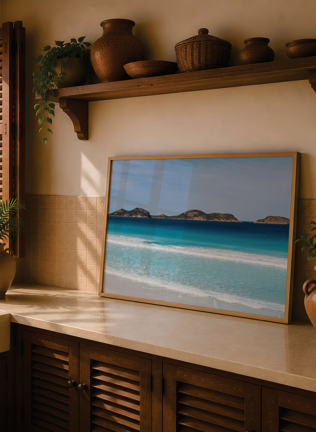 Framed Lucky Bay print of turquoise water, white sand and distant islands in a light oak frame, resting on a kitchen bench in a warm Mediterranean-style kitchen with terracotta pots and timber shelving.