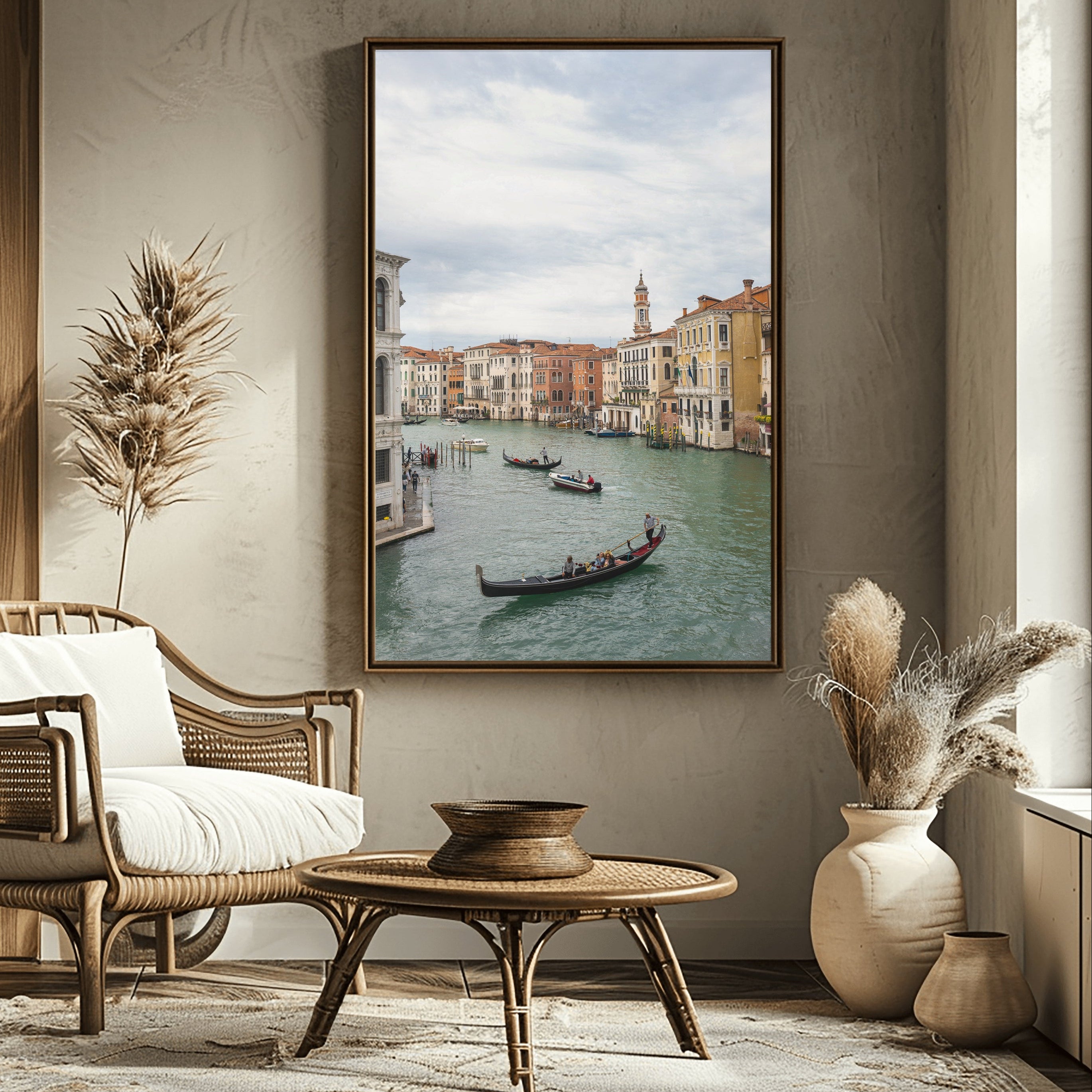 Venice canal photography print styled in neutral living room