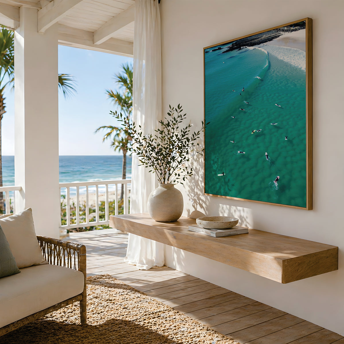 Aerial coastal Queensland mock up in styled room