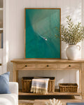 Coastal wall art of fine art print with boat on crystal blue water with free shipping
