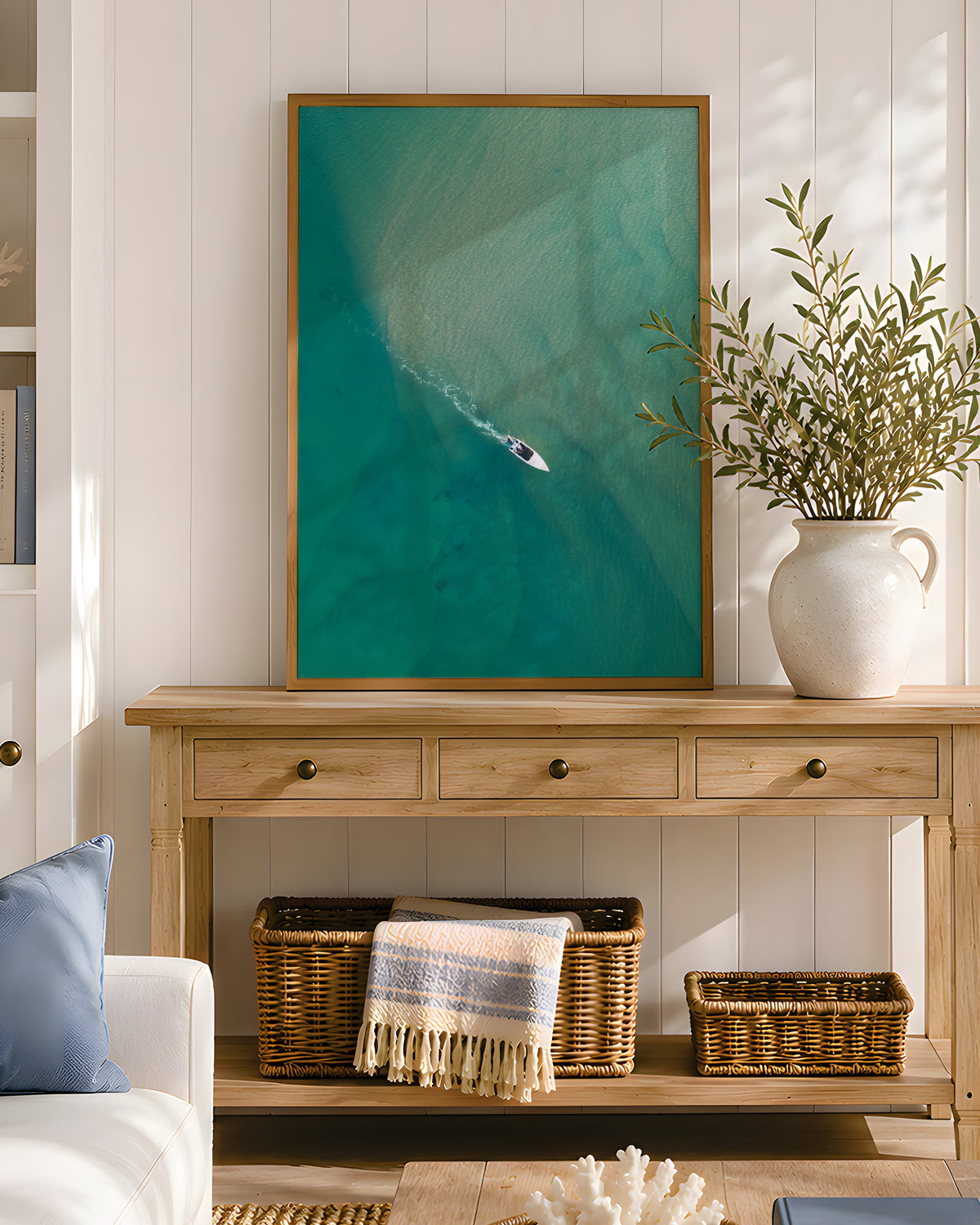Coastal wall art of fine art print with boat on crystal blue water with free shipping