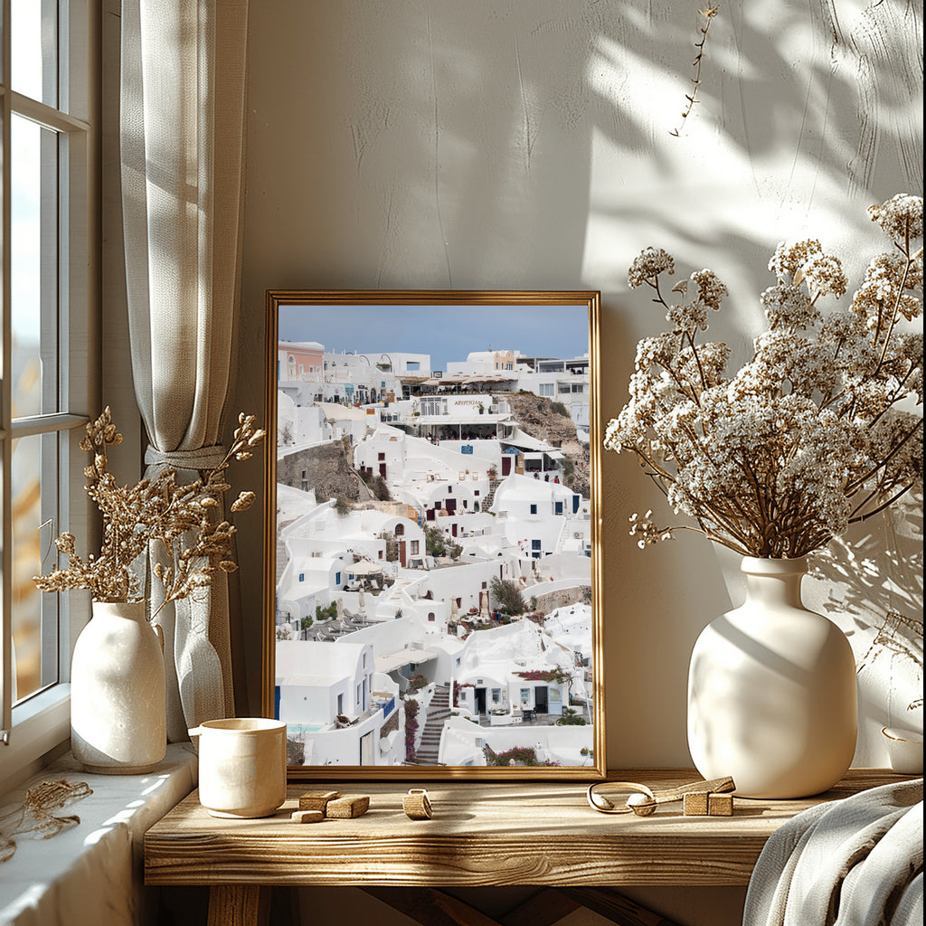 Fine art photography print from Santorini Greece, in a styled room.